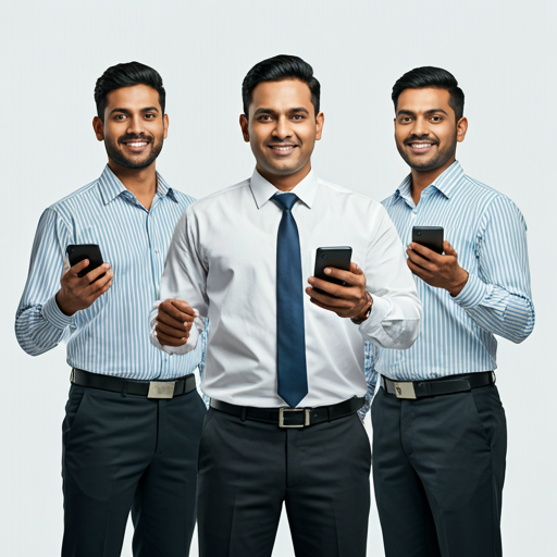 Three happy Indian taxi operators and fleet owners holding smartphones to manage their business via the dodrive app